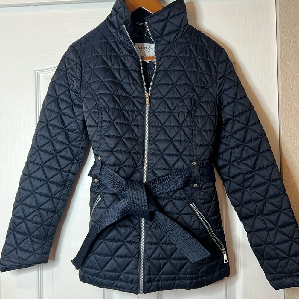 Nautica Puffer Jacket Blue Womens Sz Sm Full Zip, Belt, Hood